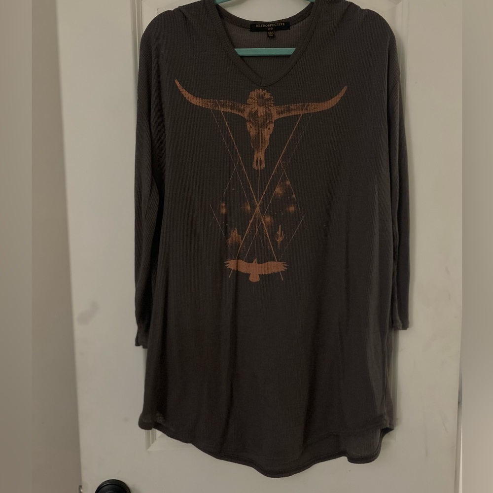 Retrospective Co. Long Oversized Shirt. Brownish Gray Western Scene. XXS